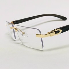 Men’s Vintage Gold Frame Rimless Hip Hop Black Woodgrain Clear Lens Glasses