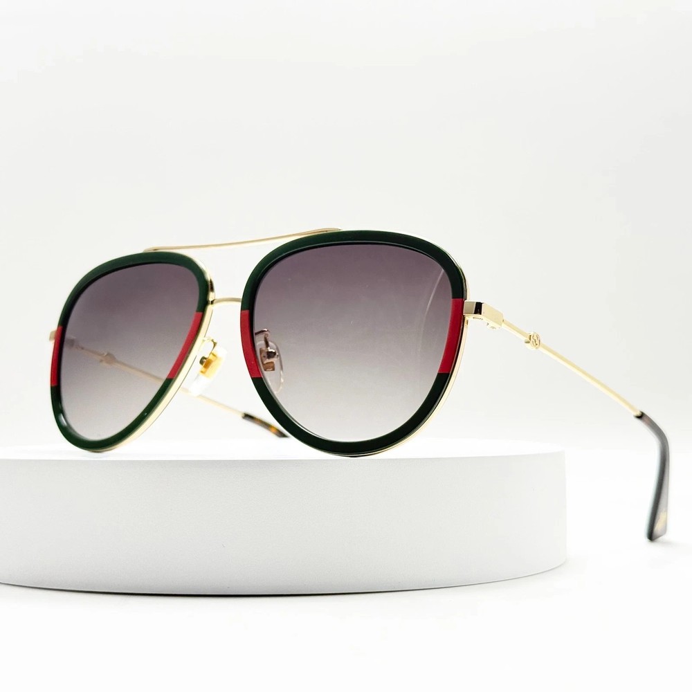 Gucci GG0062S 003 Aviator Sunglasses in Green/Red Stripe/Gold and Gray Lens
