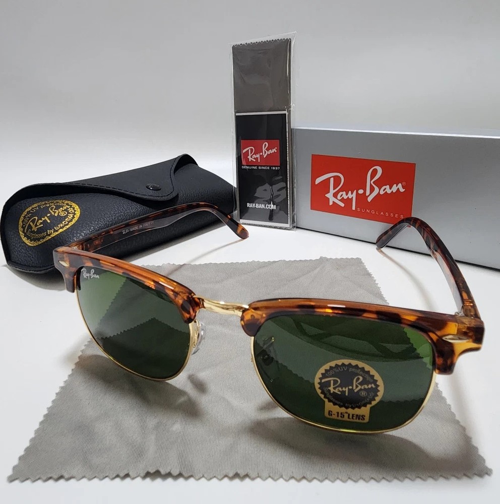 Ray-Ban RB3016 Clubmaster Sunglasses Tortoise Shell Frame Glass Green Lens 51 mm