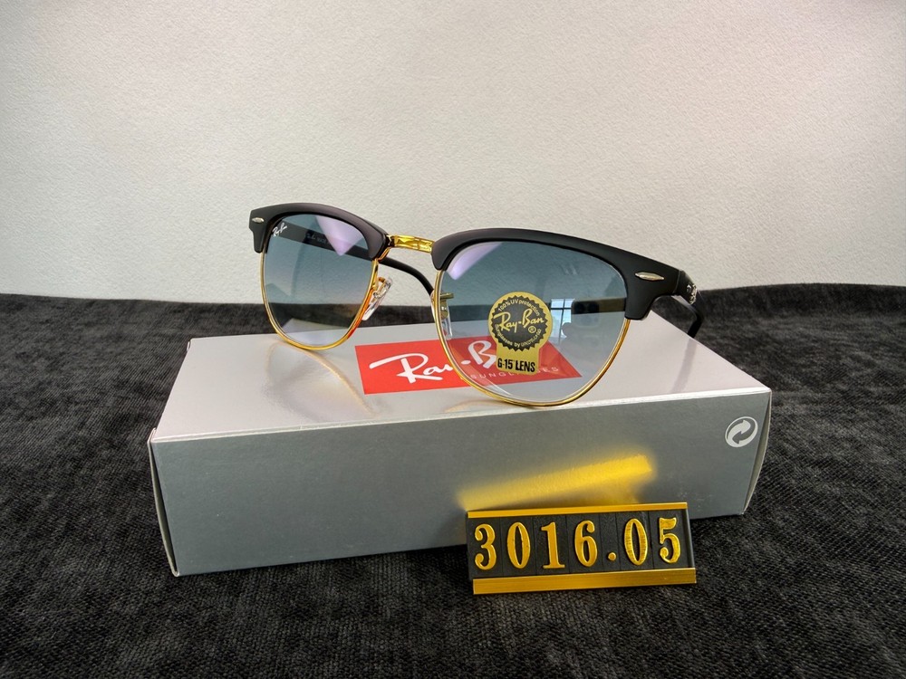 Ray-Ban RB3016 Clubmaster Sunglasses, Black & Gold Frame, Blue Gradient G-15 Len