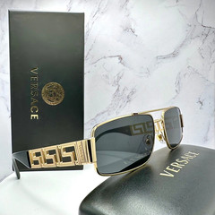 VERSACE Sunglasses New Gold Metal Rectangular Logo Retro Authentic Gray Lens