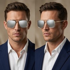 Mens Square Sunglasses Gold Clear Frame Silver Mirror Lens Sophisticated UV400