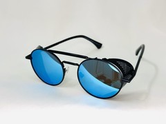 Retro Round Mirrored Sunglasses Polarized Black Metal Frame Blue Side Shields