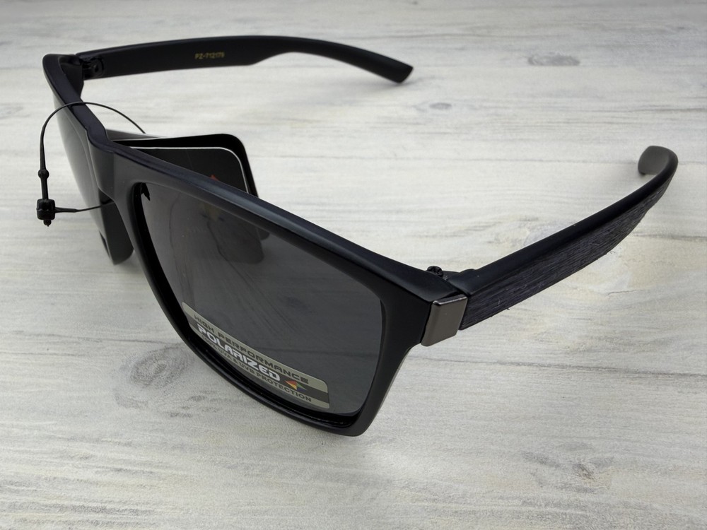 Polarized Sunglasses Black Frame Black/Blue Wood Grain Look Temples Gray Lens