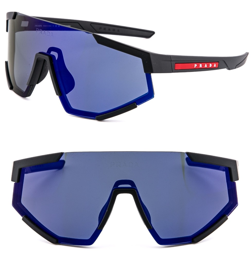 PRADA 04W Linea Rossa IMPAVID Sport Sunglass Black Blue Mirror Pilot Wrap PS04WS