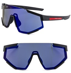 PRADA 04W Linea Rossa IMPAVID Sport Sunglass Black Blue Mirror Pilot Wrap PS04WS