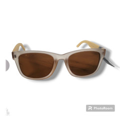 Men’s Square Sunglasses Beige Plastic Wood Frame Brown Tinted Lenses Lightweight