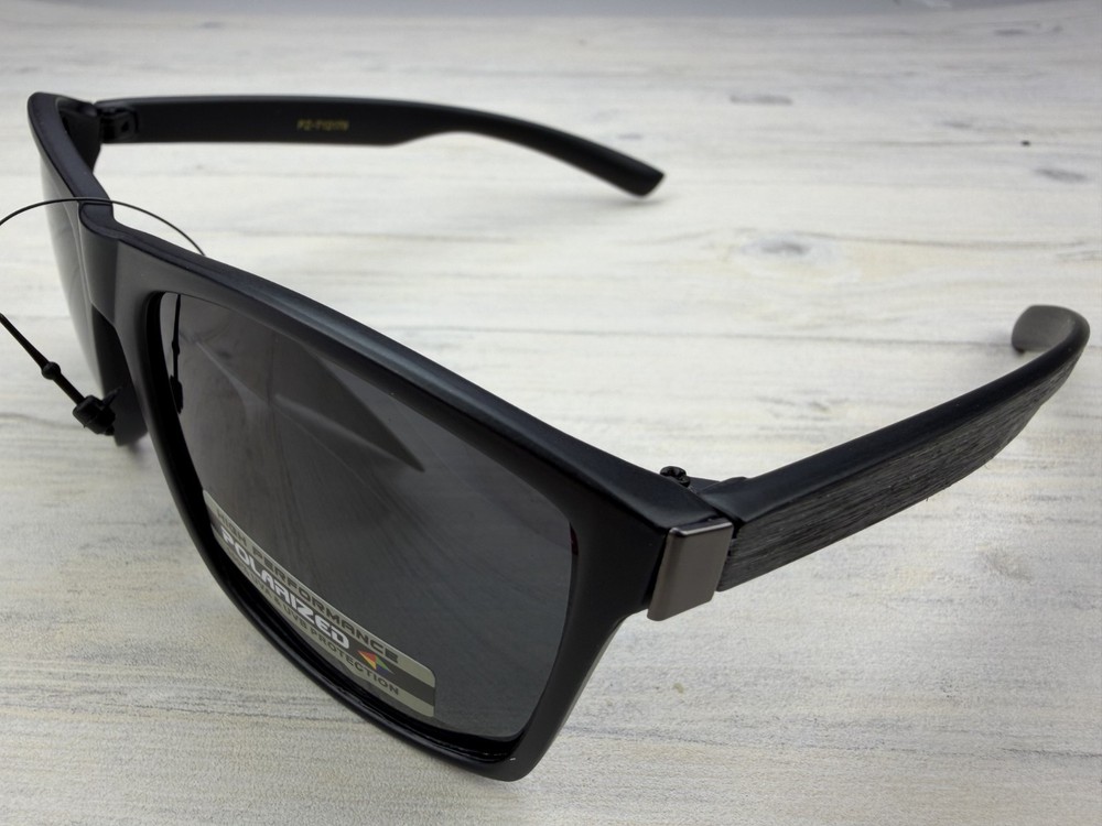 Polarized Sunglasses Black Frame Charcoal Wood Grain Look Temples Gray Lens