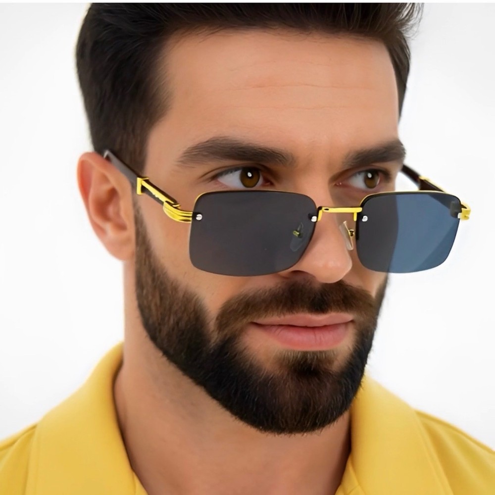 Mens Rimless Rectangle Sunglasses Gold Wood Grain Frame Grey Lens Luxury Style