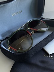Gucci GG0062S 003 Aviator Sunglasses in Green/Red Grey Lenses