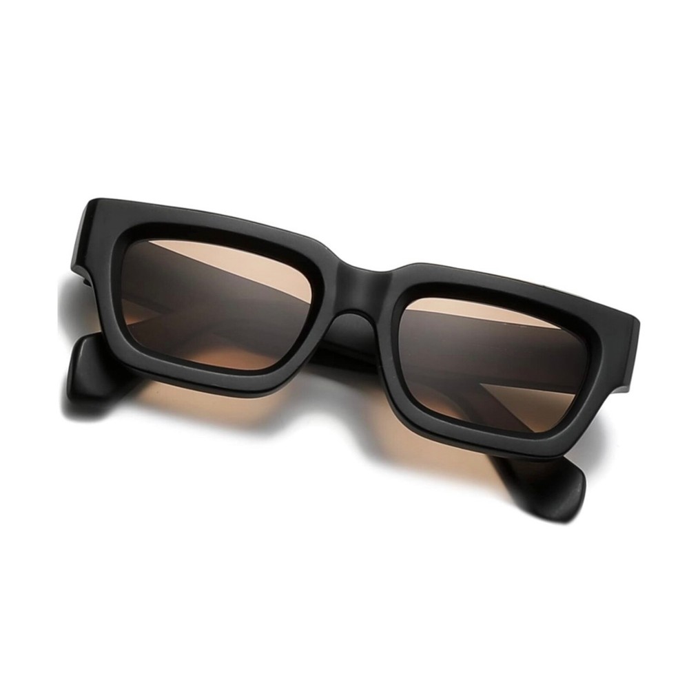 Classic Matte Black Thick Square Frame Chunky Brown Tinted Lens Sunglasses