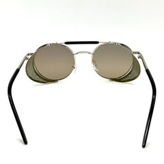 Gothic Steampunk Round Sunglasses Silver & Black Designer Frame & Mirrored Lens