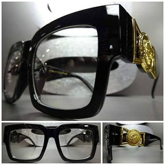 CLASSIC VINTAGE RETRO Clear Lens EYE GLASSES Thick Black Fashion Frame Gold Logo