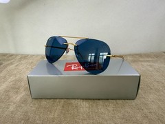 Ray-Ban RB3791 Rimless Aviator Sunglasses, Gold Frame, Solid Blue Lens