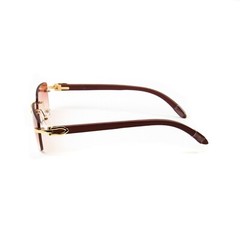 Mens Burgundy Tint Rimless Gold Frame Vintage Hip Hop Woodgrain Sunglasses