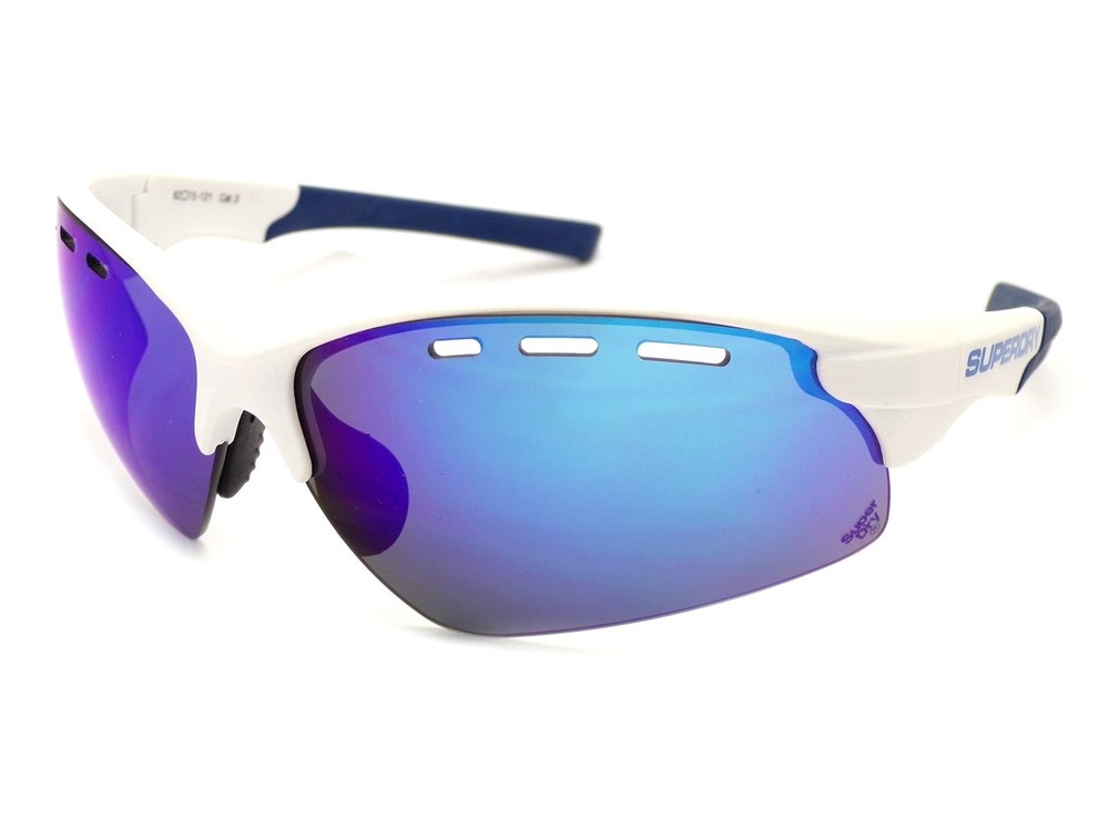 Superdry Sprint Sunglasses Sports Half Frame White Blue / Blue Mirror Lenses 105
