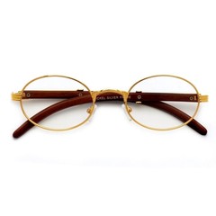 Men’s Hip Hop Clear Lens Vintage Oval Gold Frame Retro Wood Grain Glasses