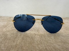 Ray-Ban RB3791 Rimless Aviator Sunglasses, Gold Frame, Solid Blue Lens