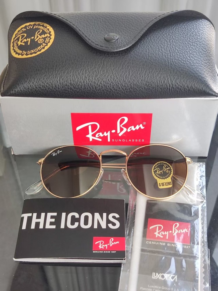 Ray-Ban RB3447 Round Metal Glod Frame Mirror Brown Lenses Sunglasses