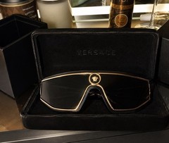 Versace 2226 Men’s Gold Metal Shield Sunglasses Black Tinted Lens 115mm