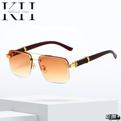Rimless Sunglasses Rectangle Wood Grain Frame Brown Lens Men Hip Hop Lentes 2026