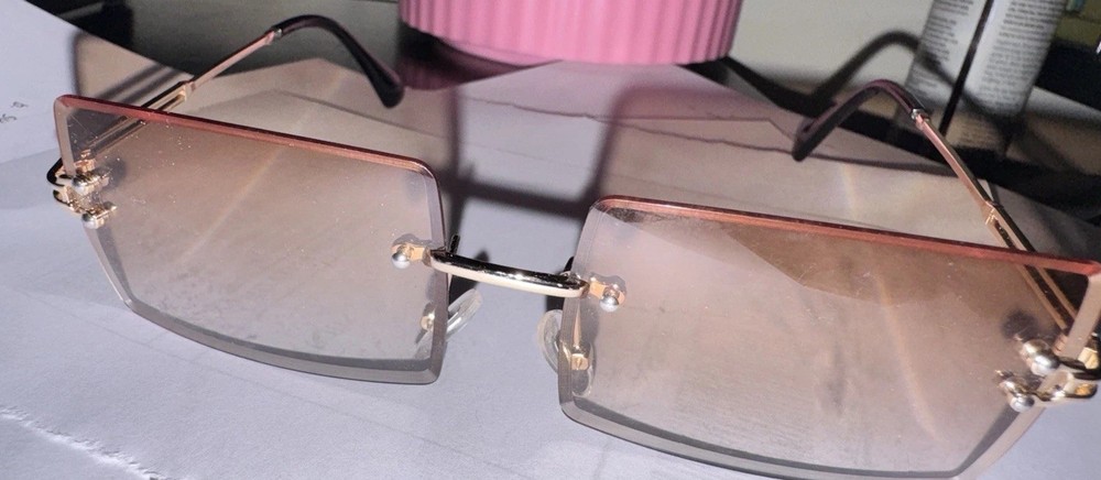 Rimless Lightweight Square Sunglasses Gold Metal Frame Gradient Brown Lens