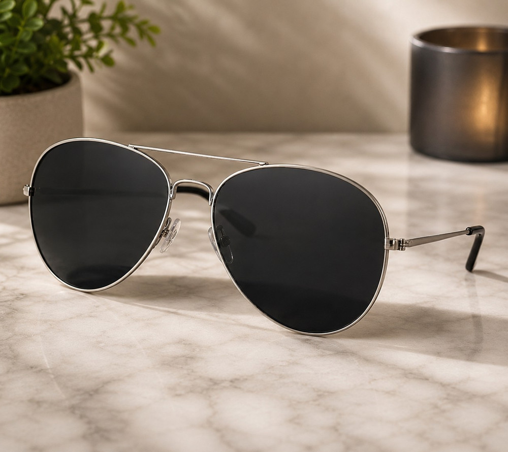 Men’s Aviator Sunglasses Silver Metal Frame, Black Plastic Lenses, Solid