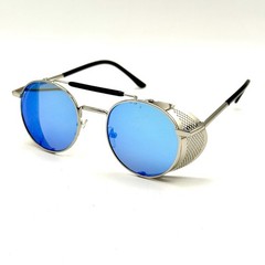 Gothic Steampunk Round Sunglasses Silver & Black Designer Frame & Mirrored Lens
