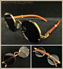 Men’s Classy Elegant Exotic Modern Retro SUN GLASSES Round Gold & Wooden Frame