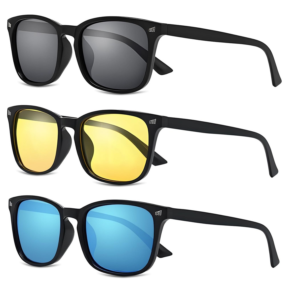 JATEBI 3 Pack Polarized Sunglasses for Men and Women Glare Black/Yellow/Blue