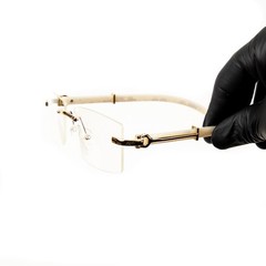 Men’s Vintage Gold Frame Rimless Hip Hop White Woodgrain Clear Lens Glasses