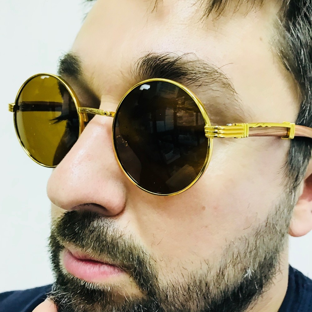 Men’s Sunglasses Round Classy Modern Sophisticated Fashion Wood Brown Lens Gold