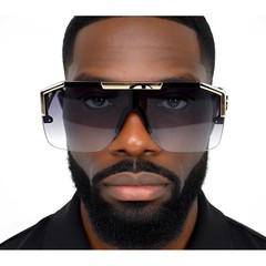Oversized Square Flat Top Shield Sunglasses Black Gold Gradient Lens Hip Hop Men
