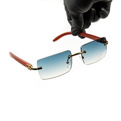 Rectangle Turquoise Gradient Tint Rimless Gold Frame Retro Woodgrain Sunglasses