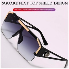 Oversized Square Flat Top Shield Sunglasses Black Gold Gradient Lens Hip Hop Men