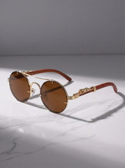 Vintage Round Steampunk Sunglasses Men Women Wood Grain Luxury Brand Fashion UV
