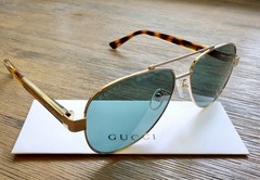 Gucci GG0528S 009 63mm Aviator Sunglasses in Havana and Gold with Velvet case