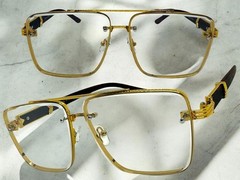 Classy Vintage Retro Hip Hop Clear Lens Slight Tint SUNGLASSES Square Gold Frame