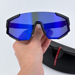 Prada Linea Rossa Men Sunglasses Black Blue Mirror Shield PS04WS DG070A NEW