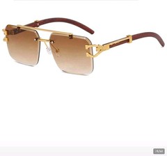 Unisex Luxury Rimless Sunglasses Gold Frame Wood Arm Brown Gradient UV400