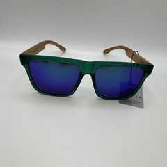 Men’s Square Sunglasses Green Plastic Frame Wood Temples Blue Mirrored UV400
