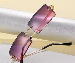 Men Vintage Rimless Small Rectangular Gold Frame Dark Blue Lens Tint Sunglasses