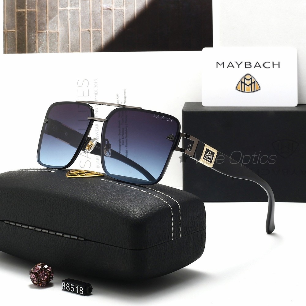 MAYBAC* Square Double Bridge Sunglasses Blue Silver Purple Gradient Classic Case