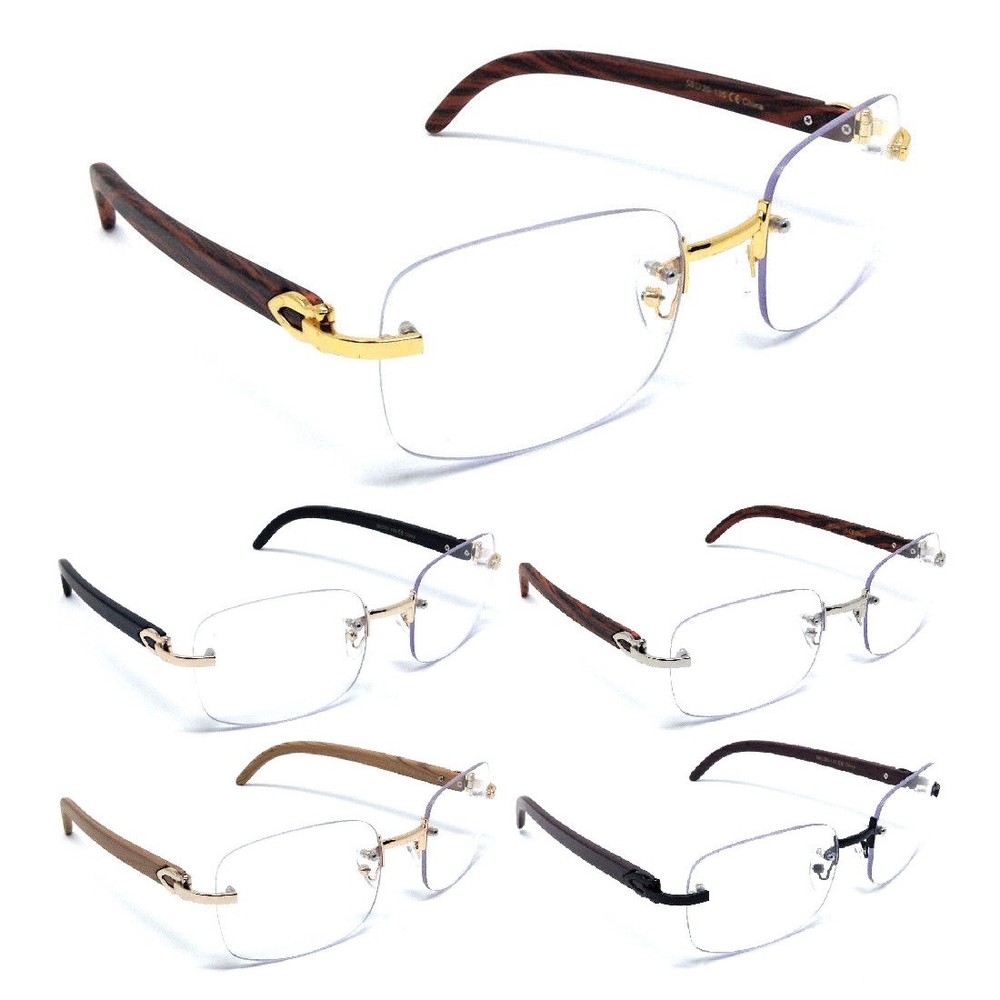 LUXE DASHER RIMLESS SQUARE SUN EYE GLASSES CLEAR LENSES METAL WOOD FRAME EURO