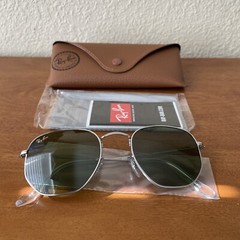 Ray-Ban RB3548N 001 51-21 Gold Hexagonal Sunglasses with Green Polarized Lenses