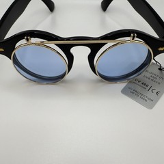 Unisex Round Flip-Up Sunglasses Black Plastic/Metal Frame Blue Tinted UV400