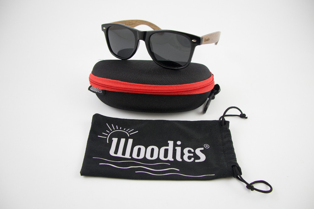 Men’s Woodies Walnut Wood Sunglasses Black Plastic Polarized Lenses Case & Bag
