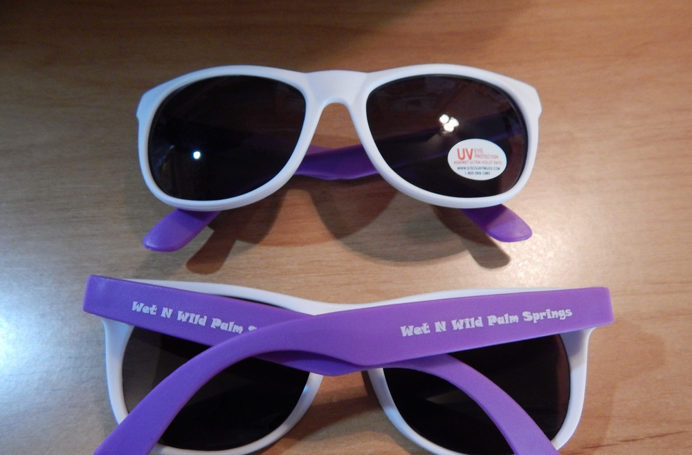 WET N WILD PALM SPRINGS PLASTIC SUNGLASSES TOURIST FUN DESIGN PURPLE WHITE NEW
