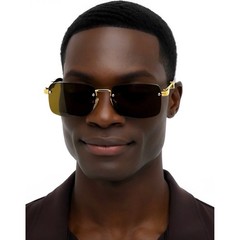 Mens Rimless Rectangular Sunglasses Gold Wood Grain Frame Brown Lens UV400