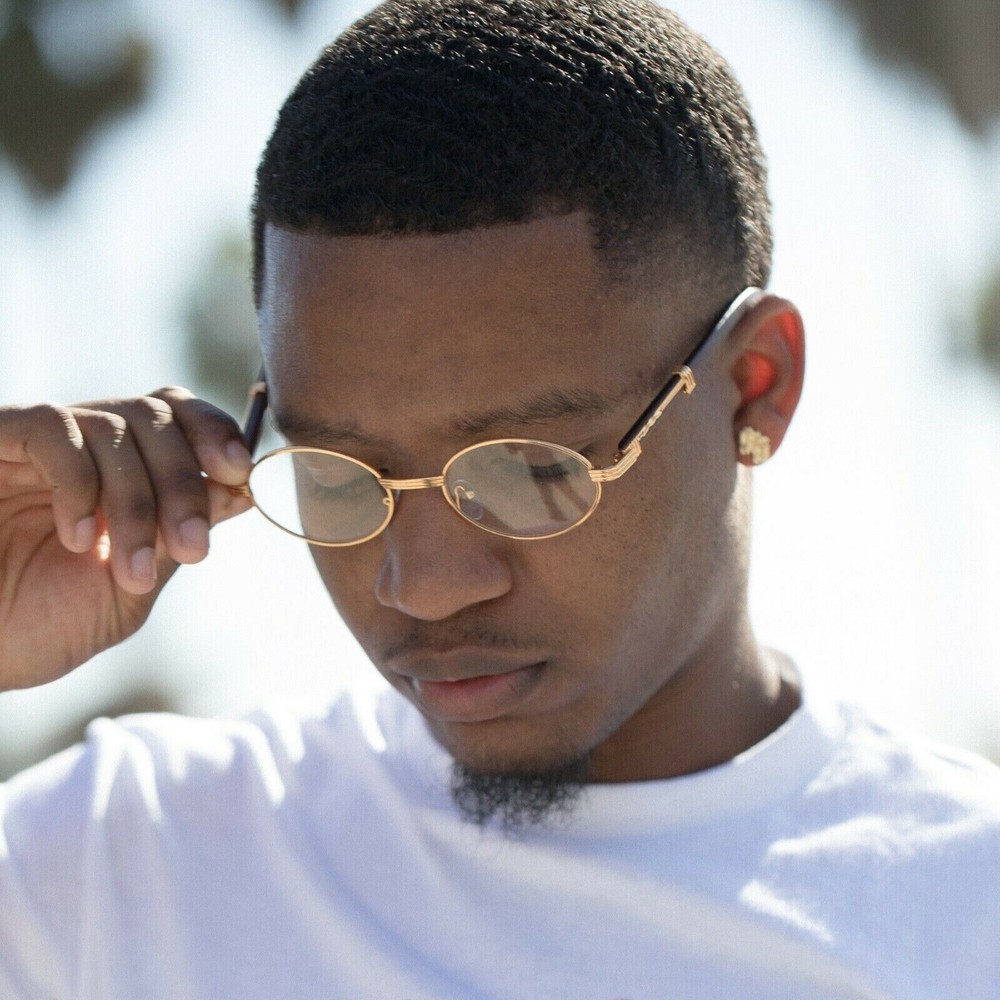 Men’s Round Oval Hip Hop Vintage Gold Frame Clear Lens Woodgrain Glasses